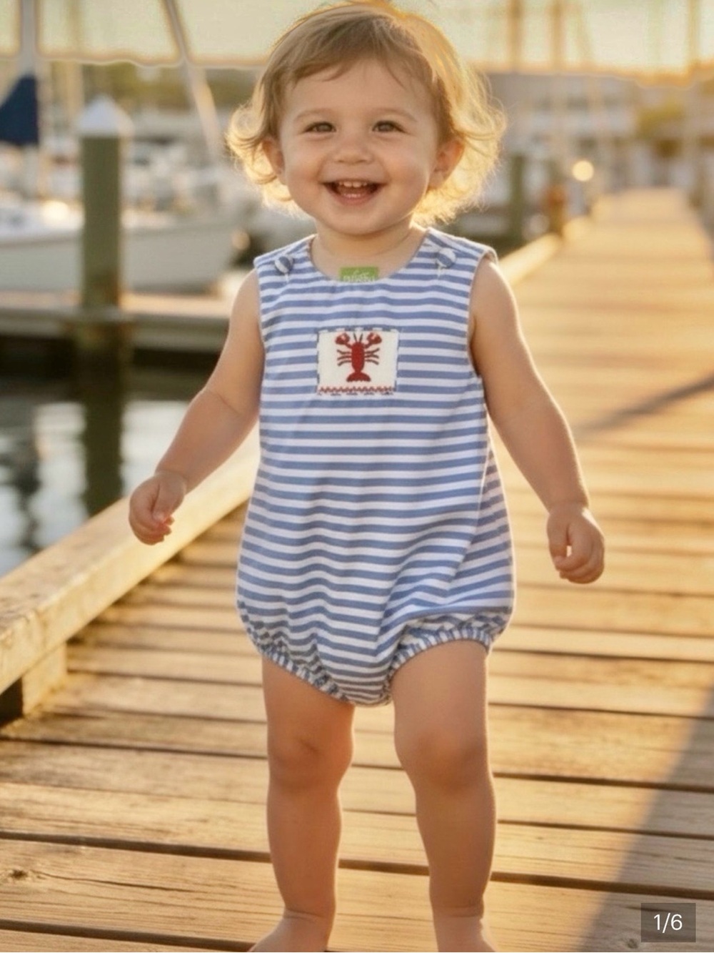 Classic Whimsy 2T Blue & White Striped Kids Romper w Hand Smocked Red Crab Motif